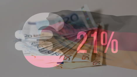 euro currency symbol and 21% text animation over stack of euro banknotes