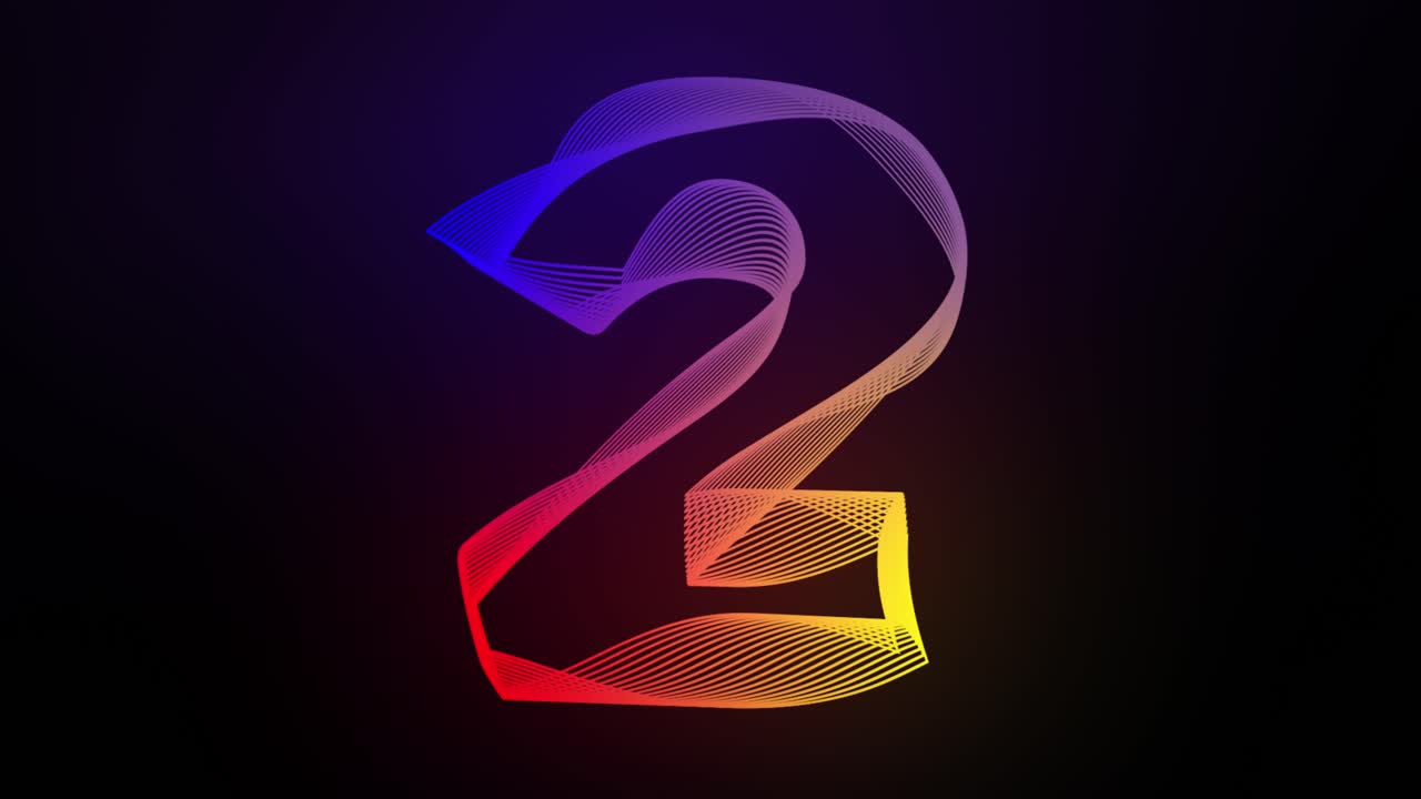3D Number 2 two moving swirling lines animation on dark gradient background abstract dynamic motion graphics particle glow typography visual effect rainbow digital