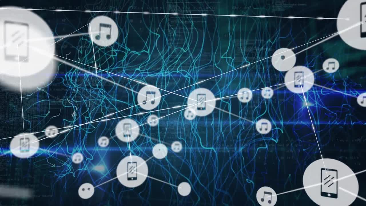 검은색 배경에 대한 나선형 패턴 위의 선으로 연결된 아이콘의 애니메이션