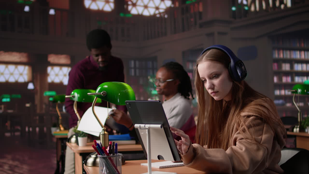 Vertical video young female adult listening to therapy music and working on her bachelor paper