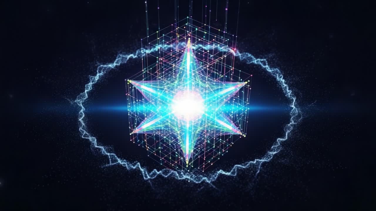 A Stunning Visual Representation of Geometric Patterns with a Luminous Star Element Surrounded by Energetic Waves and Intricate Wireframe Structures