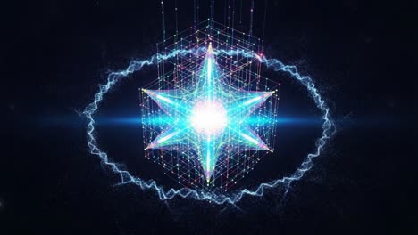a stunning visual representation of geometric patterns with a luminous star element surrounded by energetic waves and intricate wireframe structures