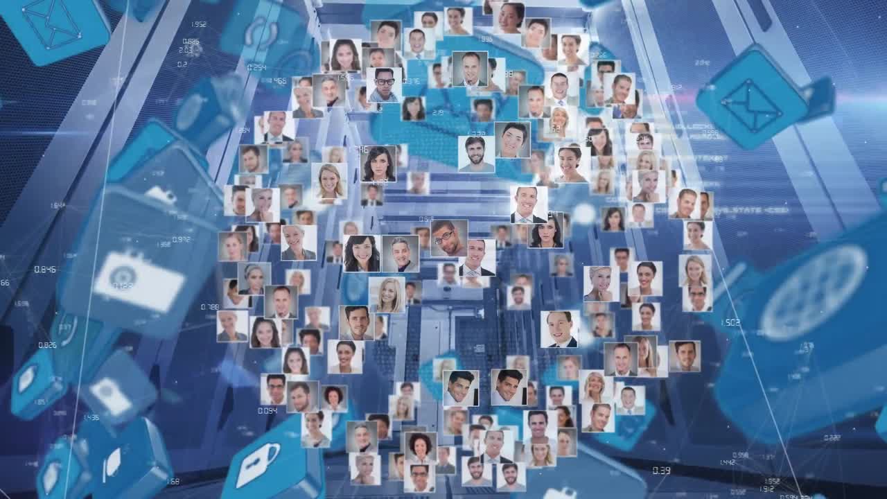 컴퓨터 서버 에 대한 비즈니스 프로파일 아이콘과 디지털 아이콘의 회전 지구의 애니메이션