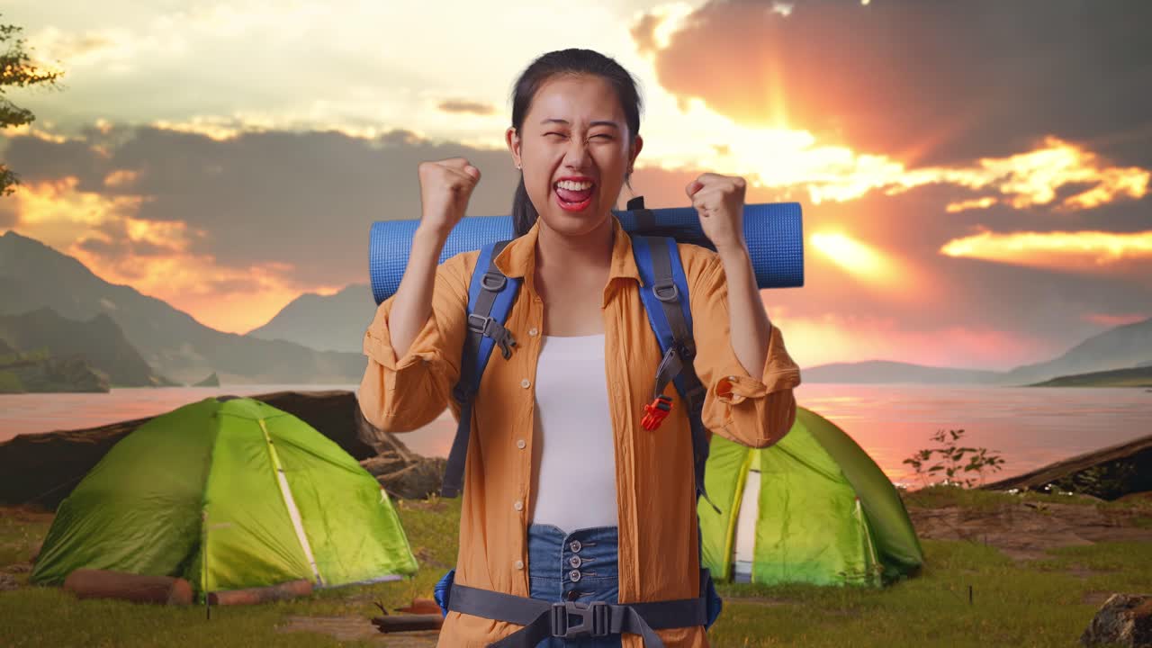 Excited Camper at Sunrise