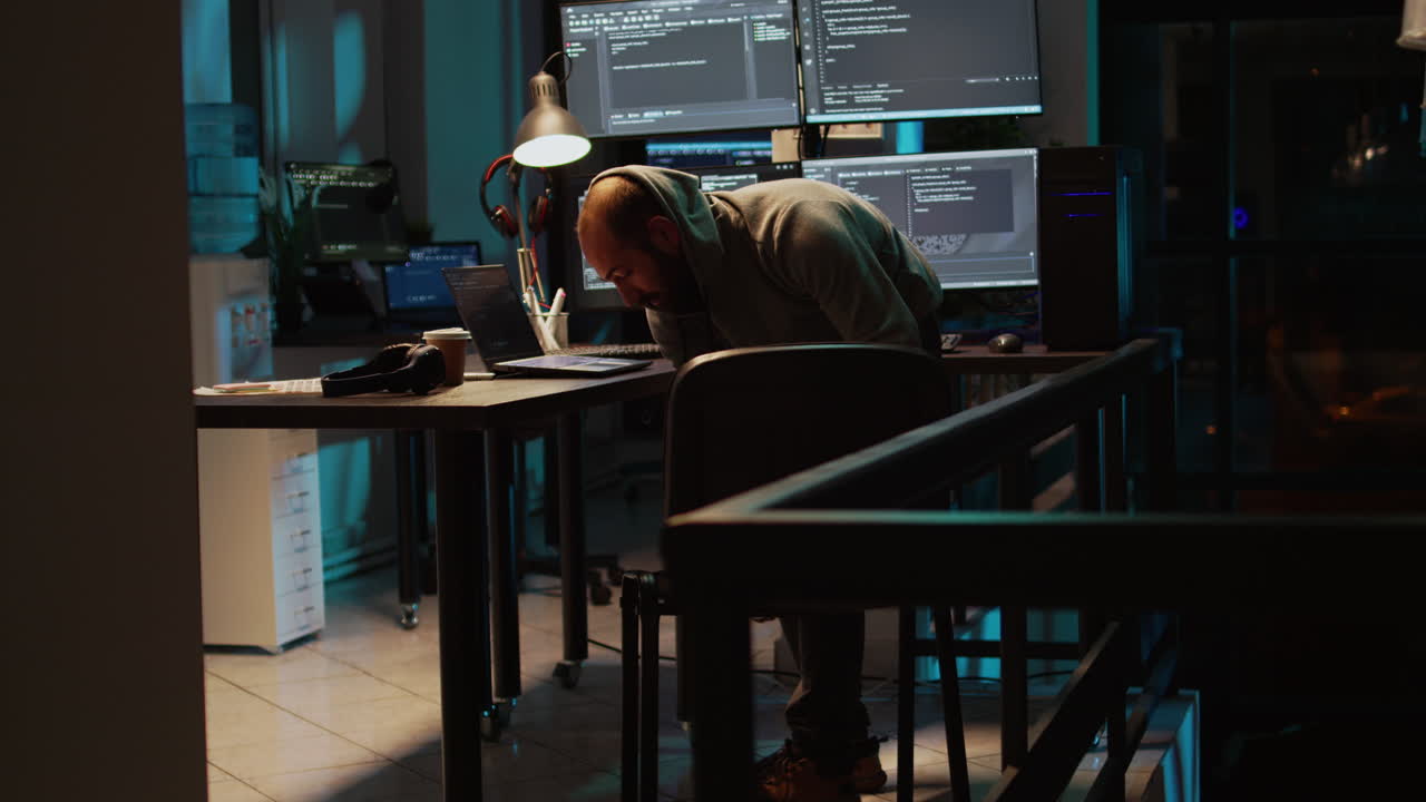 Hacker working on computer code at night