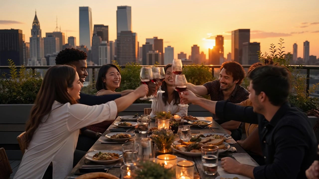 Diverse group of friends having a dinner party on an urban rooftop with a city skyline at sunset