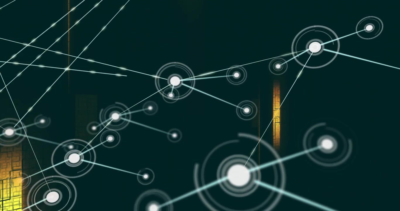 Hub centrale che estende un connettore generando nodi, punti traccianti lungo le linee che visualizzano una rete tecnologica