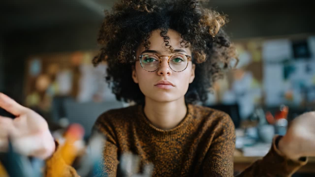 Une jeune femme aux cheveux bouclés, portant un pull, ressent du stress et de la concentration, passant d’une réflexion profonde à une attention déterminée dans un espace de travail créatif