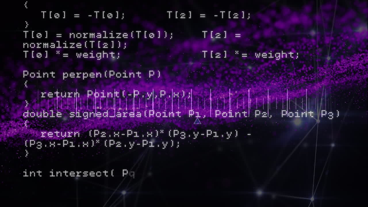 검은 바탕에 데이터 처리 및 보라색 연기의 애니메이션
