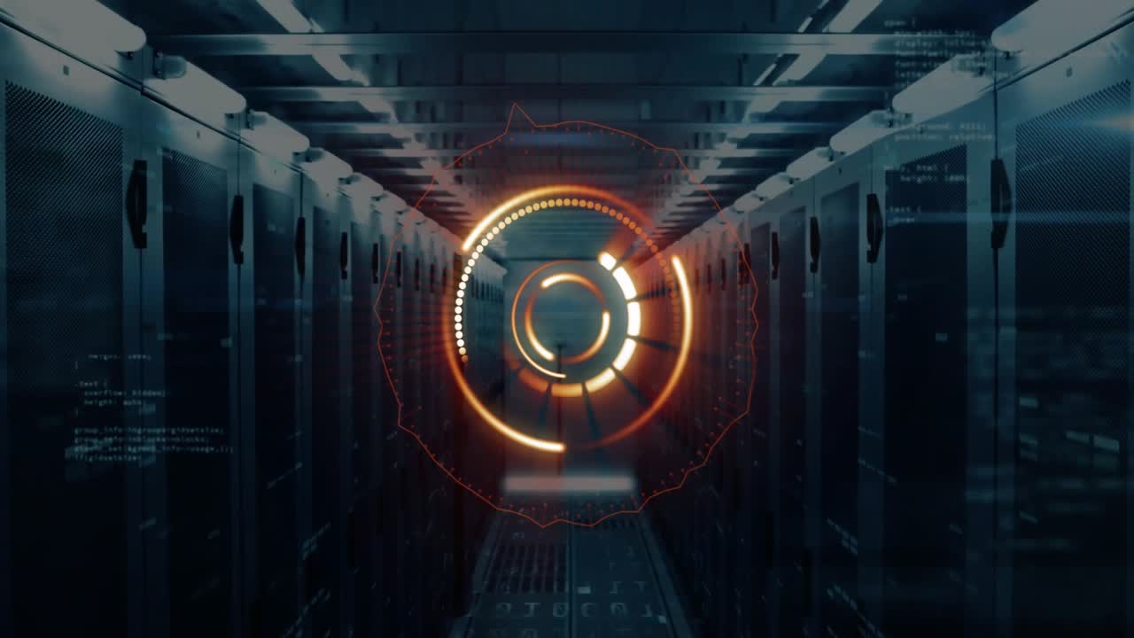 Data center aisle glowing circular HUD initiating by forming ring pulsing outward for mapping