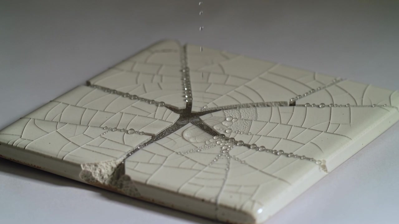 Dropping droplet stream depositing beads tracing ceramic tile crack pattern on white table