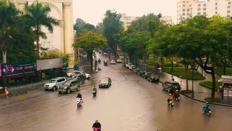 hanoi, vietnam - april, 2020: aerial panorama view of the traffic of the street in the city centre of hanoi in cloudy weather.