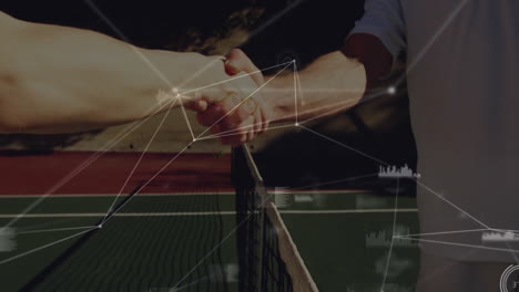 players shaking hands over tennis net, displaying digital network graphics for sports technology