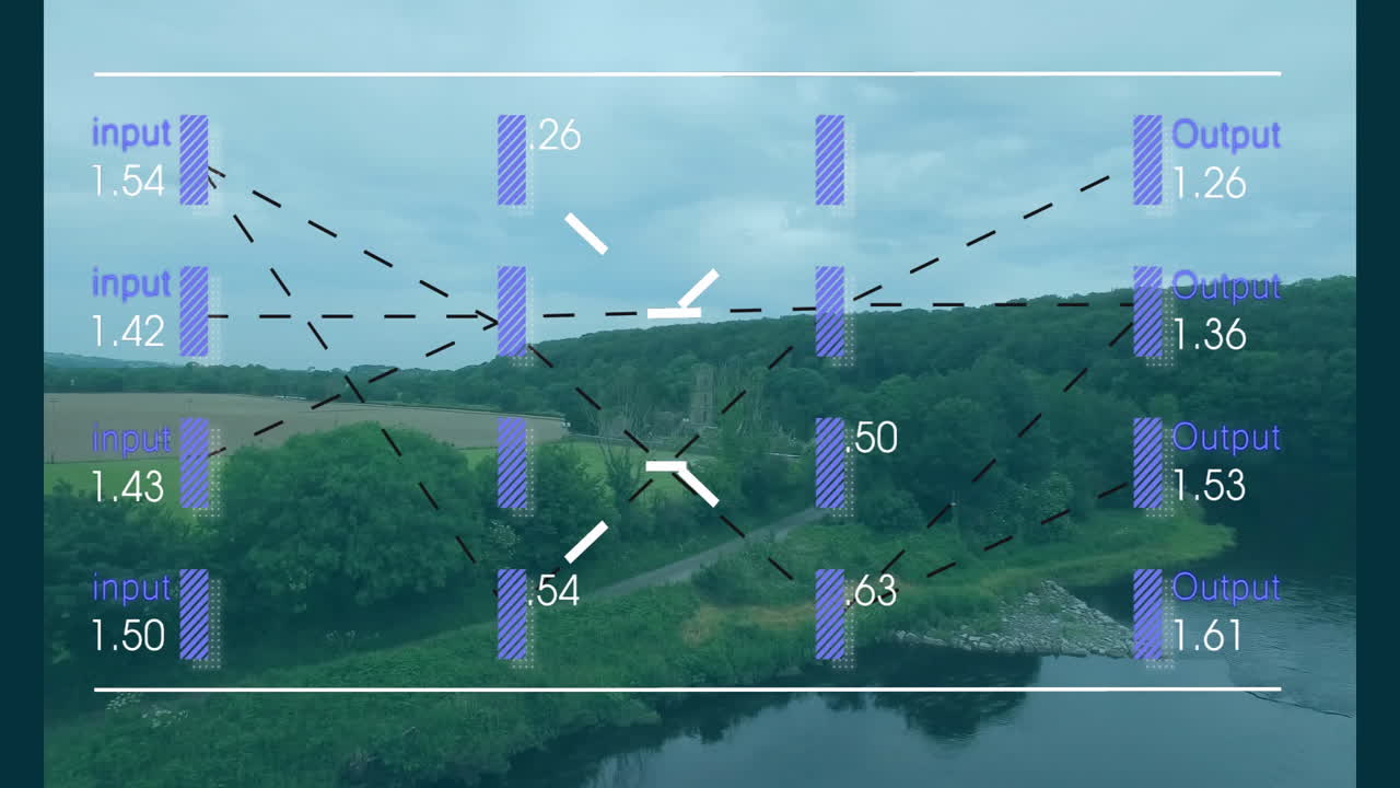 Neural network diagram overlaying rural landscape with purple bars and flat design connectors