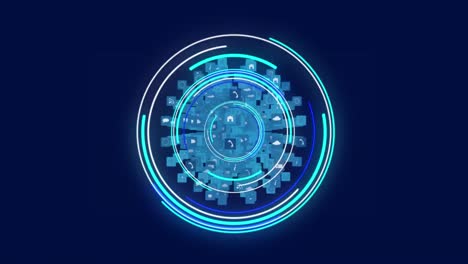 Neon-blue-round-scanner-over-globe-of-digital-icons-spinning-against-blue-background