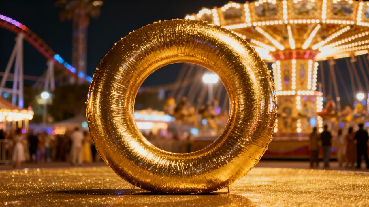 Reflecting gold inflatable ring capturing carnival lights at night, carousel spinning causing glow
