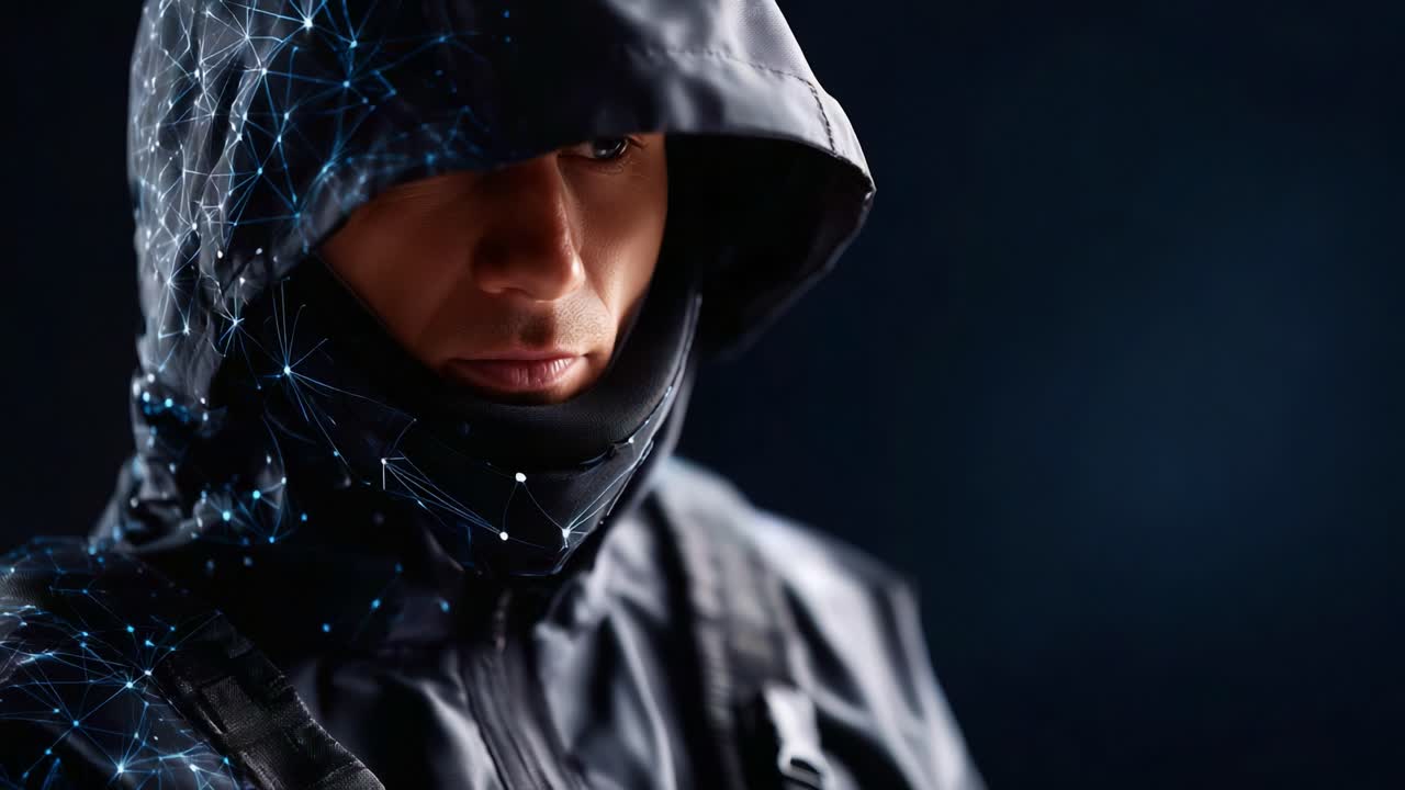 A futuristic figure robed in a high-tech hooded jacket, adorned with luminous geometric patterns, exuding a sense of mystery and advanced technology in a dark setting