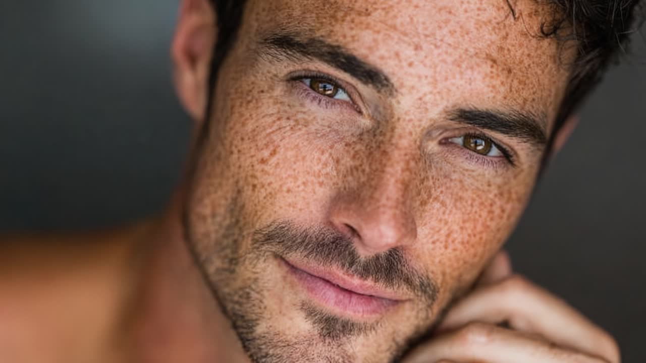 Captivating Close-up of a Young Man with Beautiful Freckles and Intense Brown Eyes Showcasing a Thoughtful Expression in Natural Lighting