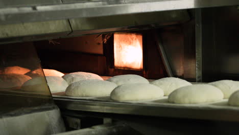 fresh batch of bread dough placed unto oven by baker - slow motion shot