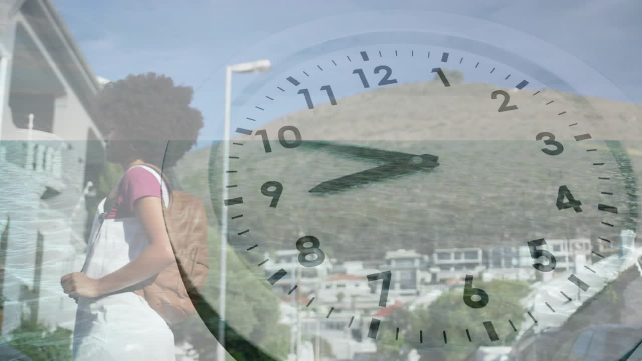 Backpack-wearing woman walking while analog clock overlay advancing hands showing business timing