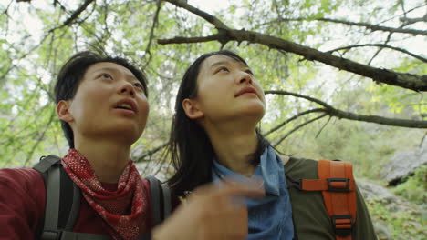 asian lesbian couple enjoying hike in forest