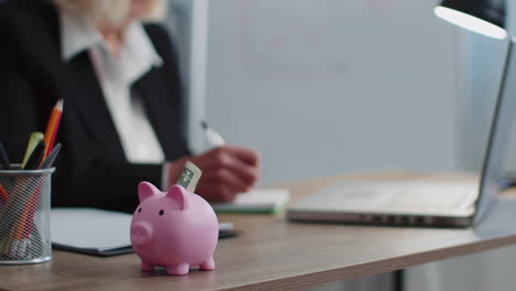 banca de cerdos, mujer de negocios contable senior escribiendo en la computadora portátil calculando el ingreso de dinero