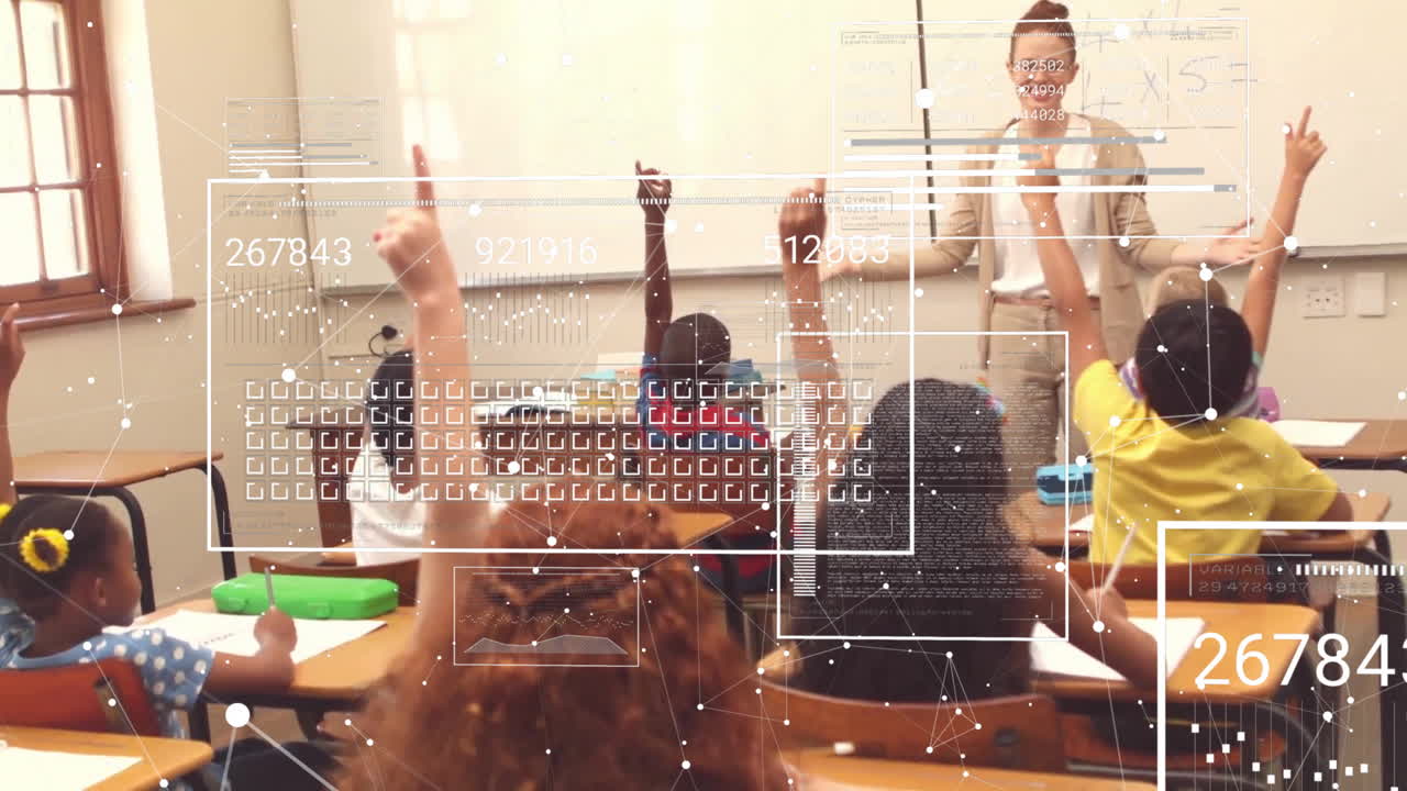 그래프의 애니메이션, 연결된 점과 로딩 바, 다양한 학생들이 교실에서 손을 들어 올립니다.