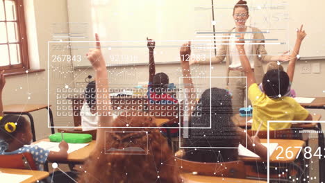 animation of graphs, connected dots and loading bars, diverse students raising hands in classroom