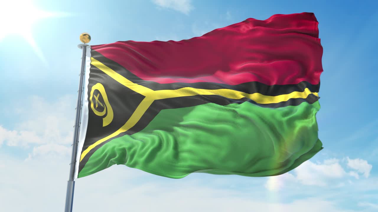 깊은 파란 하늘을 배경으로 바람에 흔들리는 바누아투 발, 국가 테마, 국제 개념, 3d 렌더링, 원활한 루프, 4k