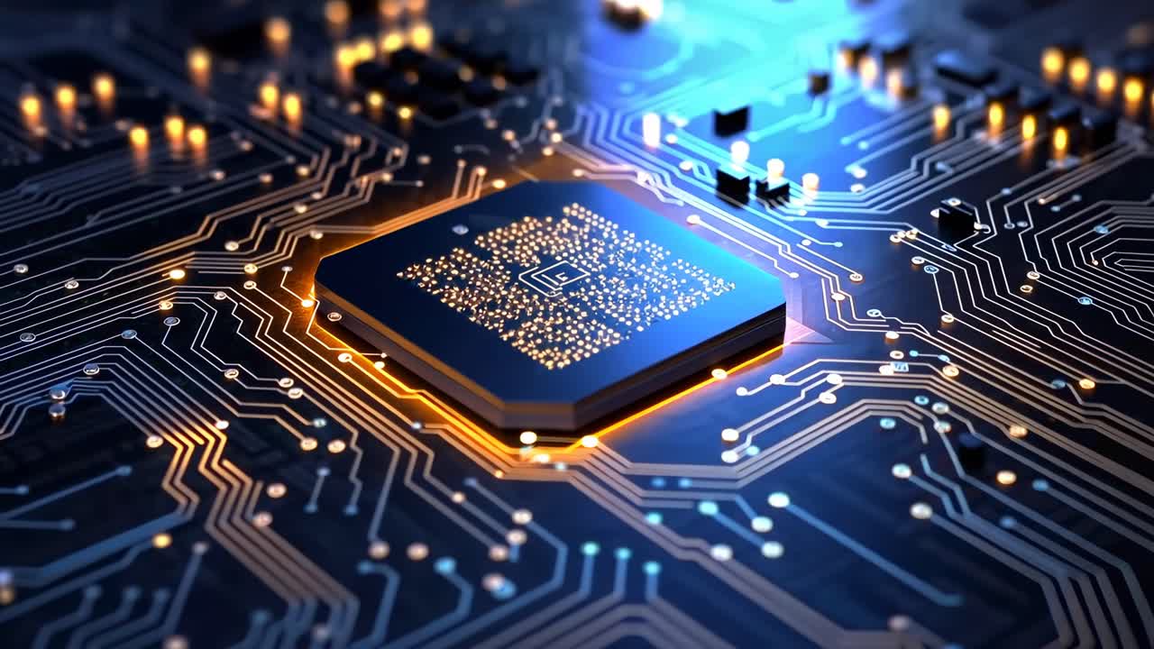 Close-up video of a glowing microchip on a circuit board, showcasing intricate electronic details
