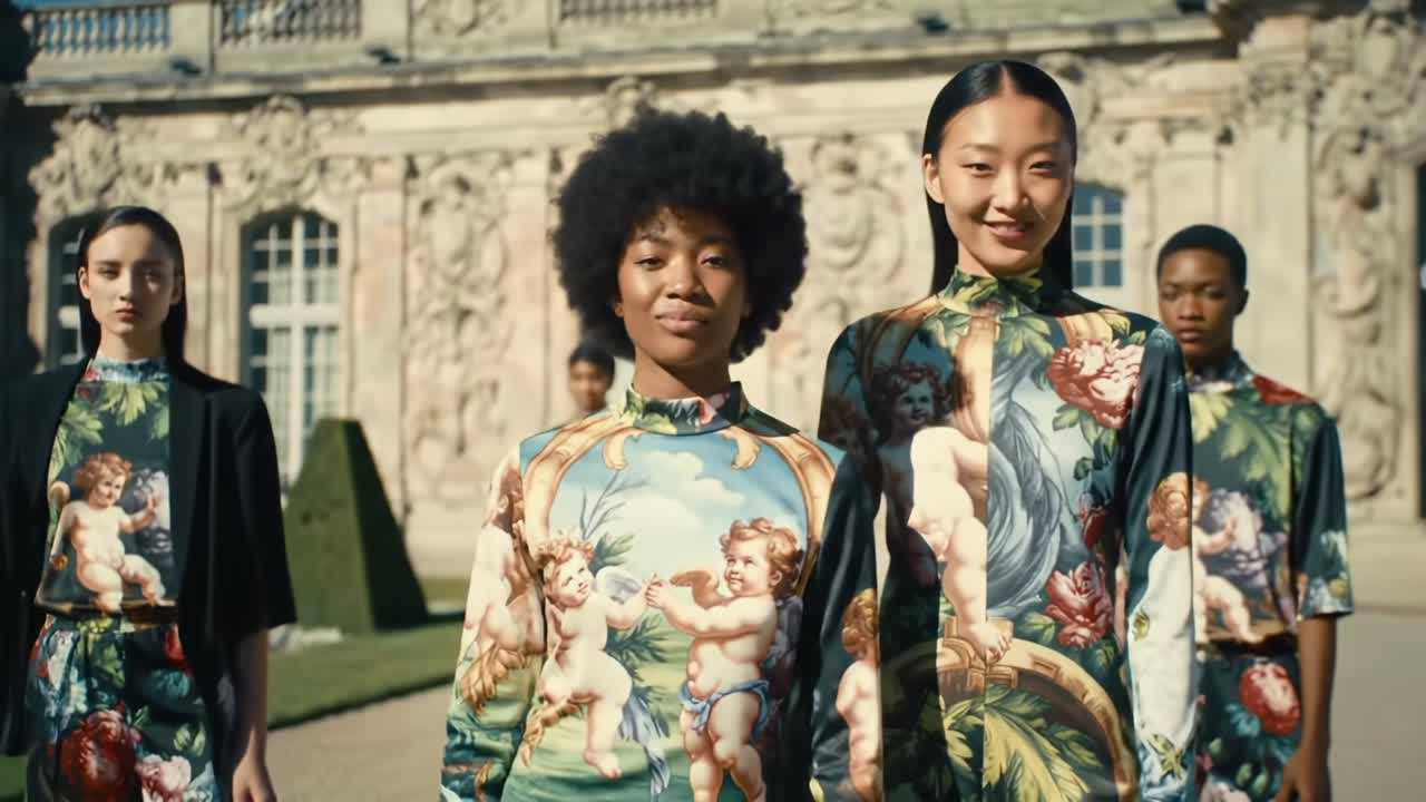 Fashion Models Showcase Artistic Designs in Stunning Outdoor Setting at Historical Venue