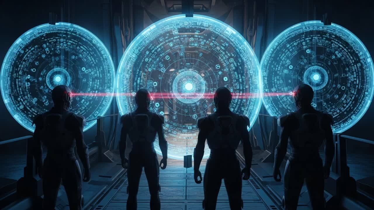Four futuristic figures stand before three glowing holographic interfaces, showcasing intricate digital patterns and a vibrant energy beam connecting them in a sci-fi environment