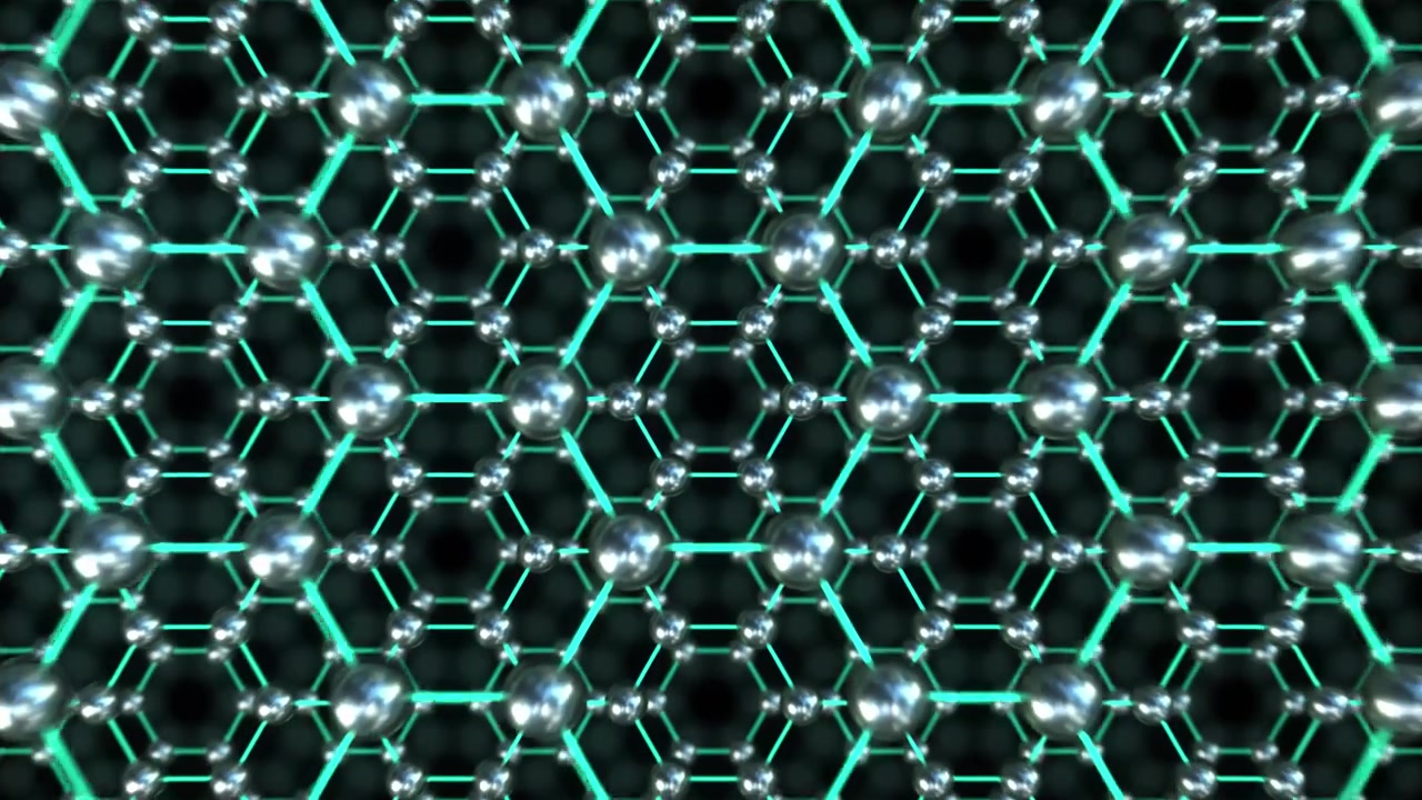 Graphene Nano Technology Advanced Material Loop Pass through Neon Straight. This zoom out nano technology looping 3D animation represents engineering at the molecular level. It can also be reversed to