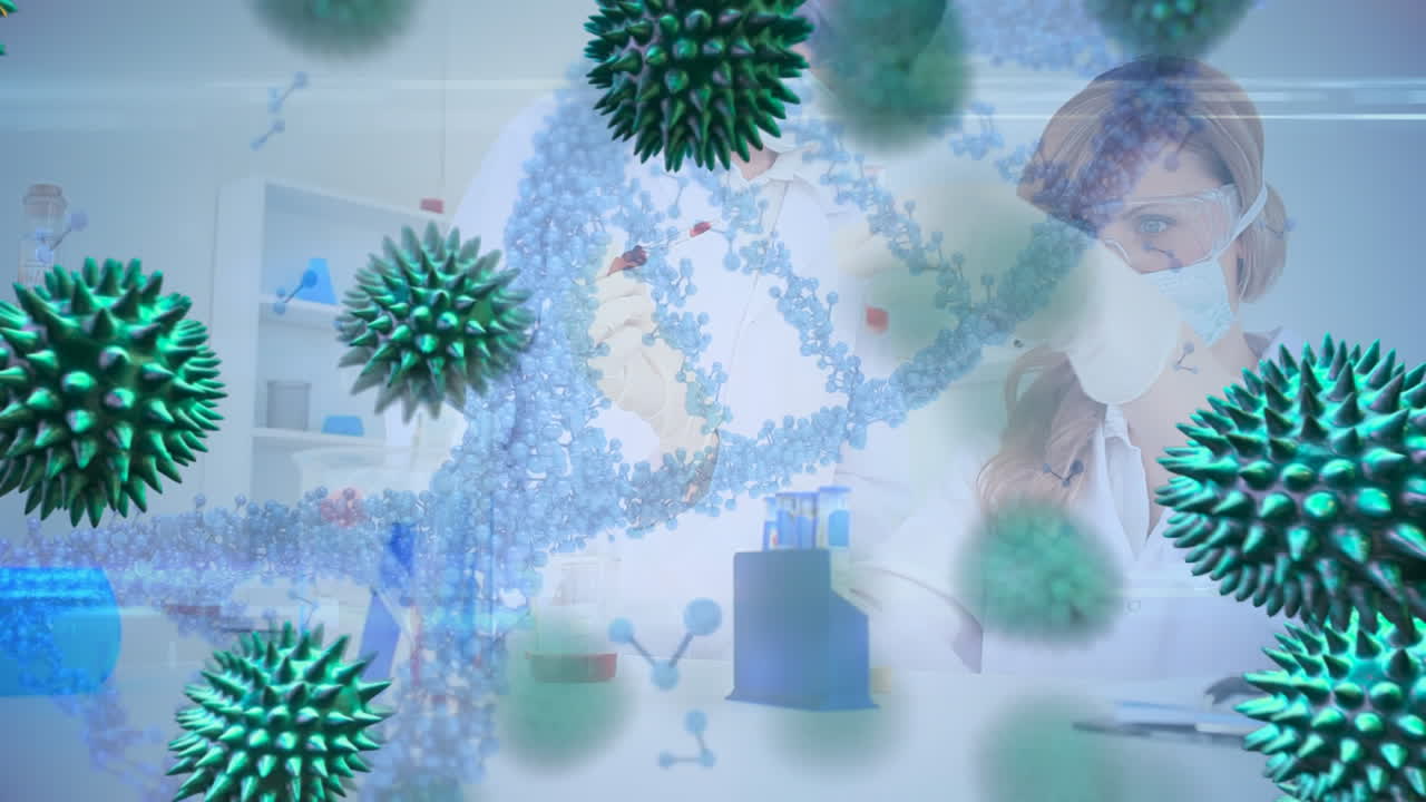 adn 3d girando con células de coronavirus que se propagan y científico