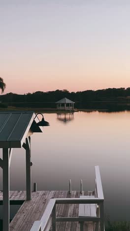 serene lakeside gazebo at sunset