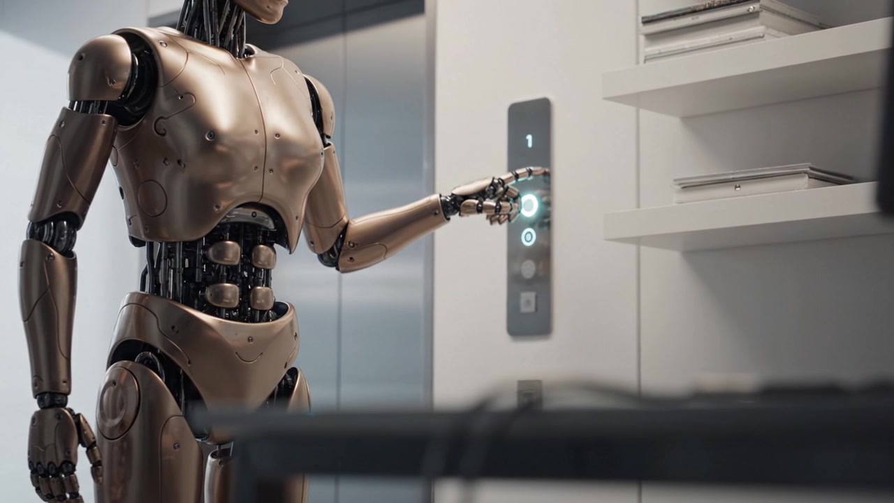 Un elegante robot humanoide se encuentra en un entorno moderno, esperando la llegada del ascensor y mostrando el diseño robótico avanzado y la tecnología en acción