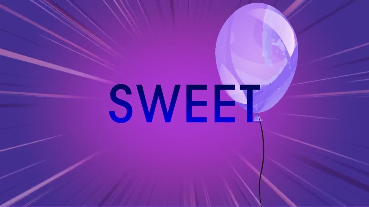 Animaatio "sweet"-tekstistä ilmapallon ja viivojen päällä purppuranvärisellä taustalla