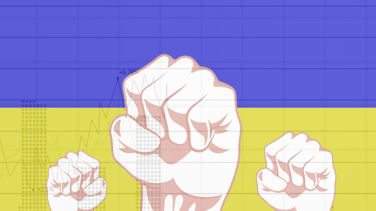animación de procesamiento de datos y puños sobre la bandera de ucrania