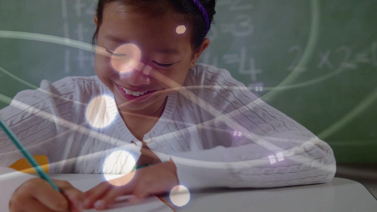 Female student picking up green pencil and writing math worksheet at desk, animated bokeh sweeping