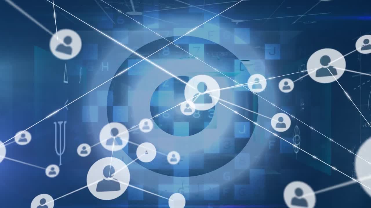 파란색 공간에서 다양한 데이터에 대한 아이콘으로 연결 네트워크의 애니메이션