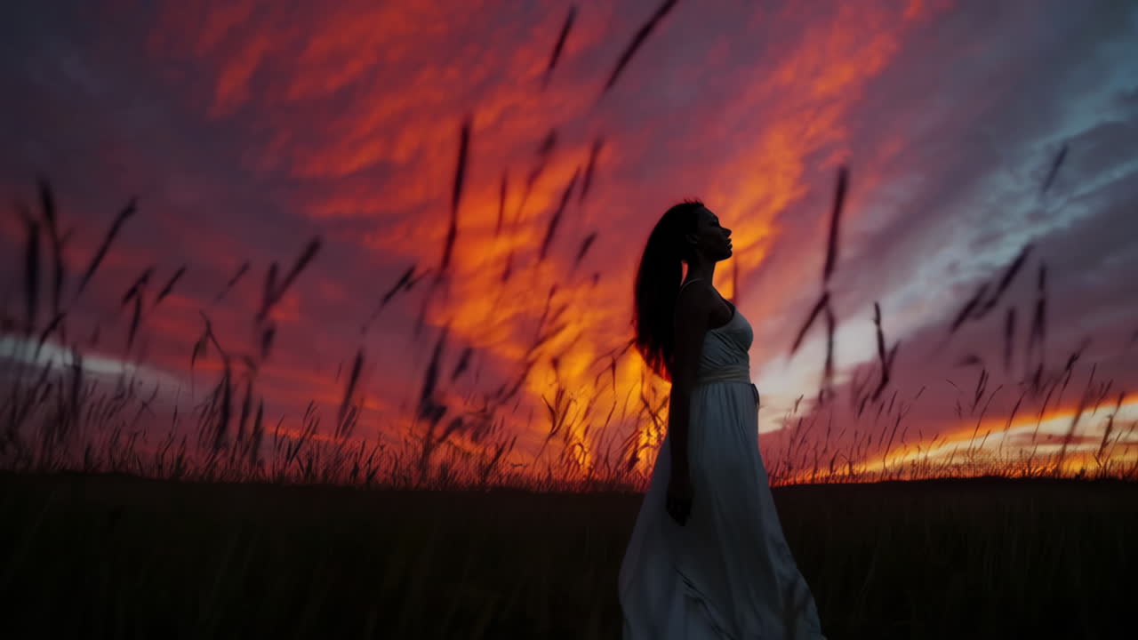 Woman Silhouetted at Sunset in a Field