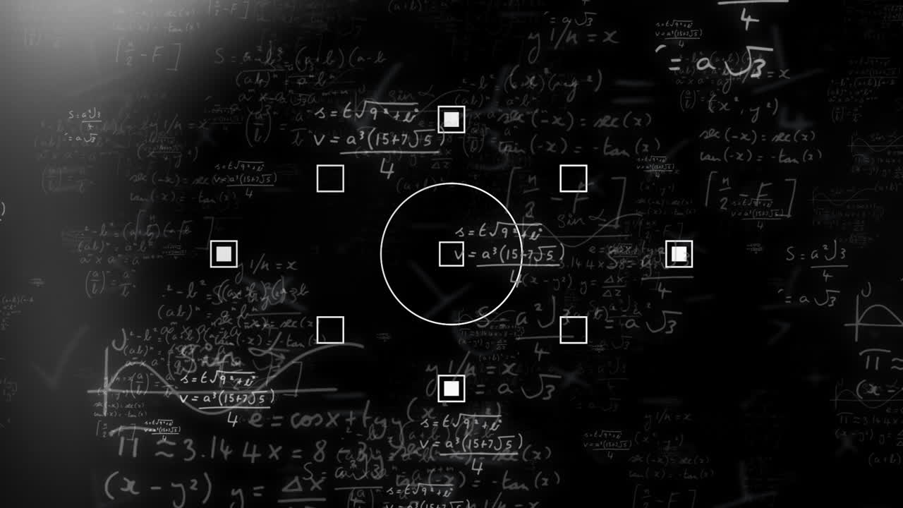 animación de ecuaciones matemáticas y formas en movimiento sobre fondo negro