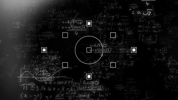 Animation of mathematical equations and moving shapes on black background