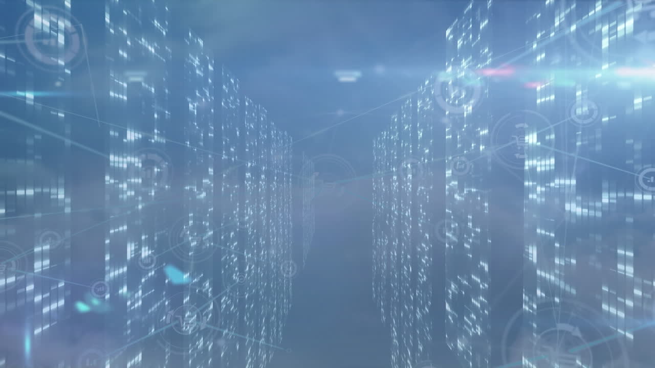 Animation of network of connections and data processing over blue sky