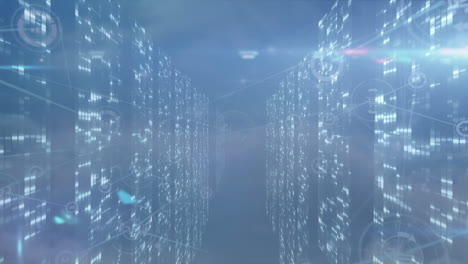 animation of network of connections and data processing over blue sky