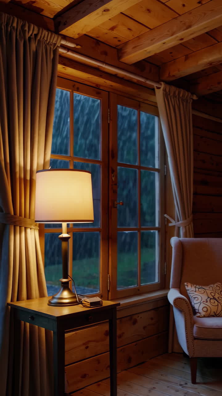 vista de la cabaña en un día de lluvia con relámpagos