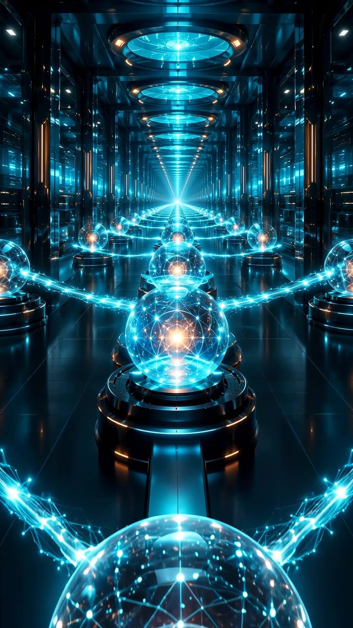 Camera moves forward between rows of luminous transparent orbs on dark round platforms, while cyan connections and warm glowing centers recede toward a bright central vanishing point.