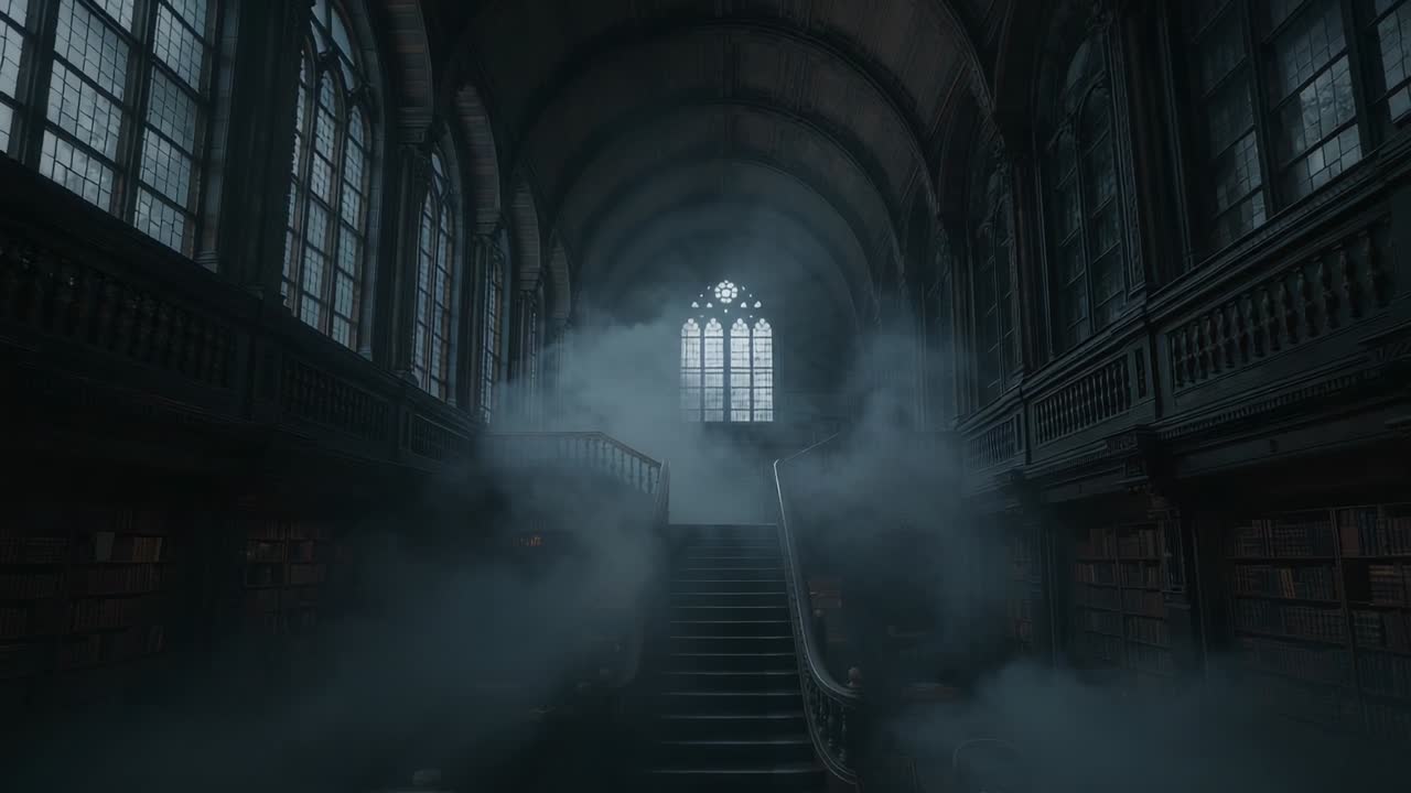 Mist appearing on gothic library floor, swirling around grand wooden staircase under diffused light