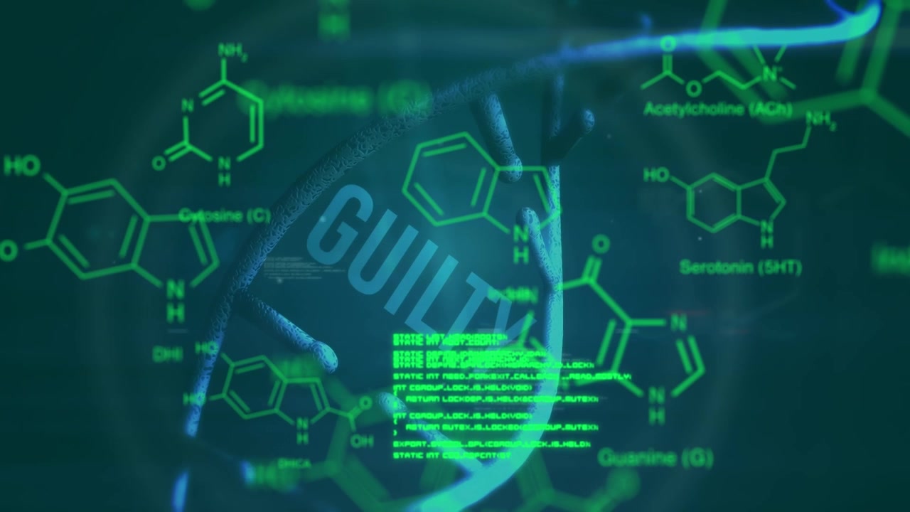 Animation of data processing and chemical formula over dna strand