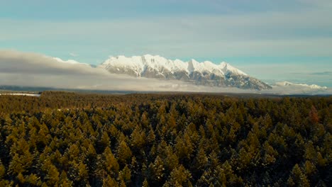 A-Sunset-Aerial-Tour-of-a-Snowy-Forest-in-the-Canadian-Rocky-Mountains:-A-Winter-Wonderland